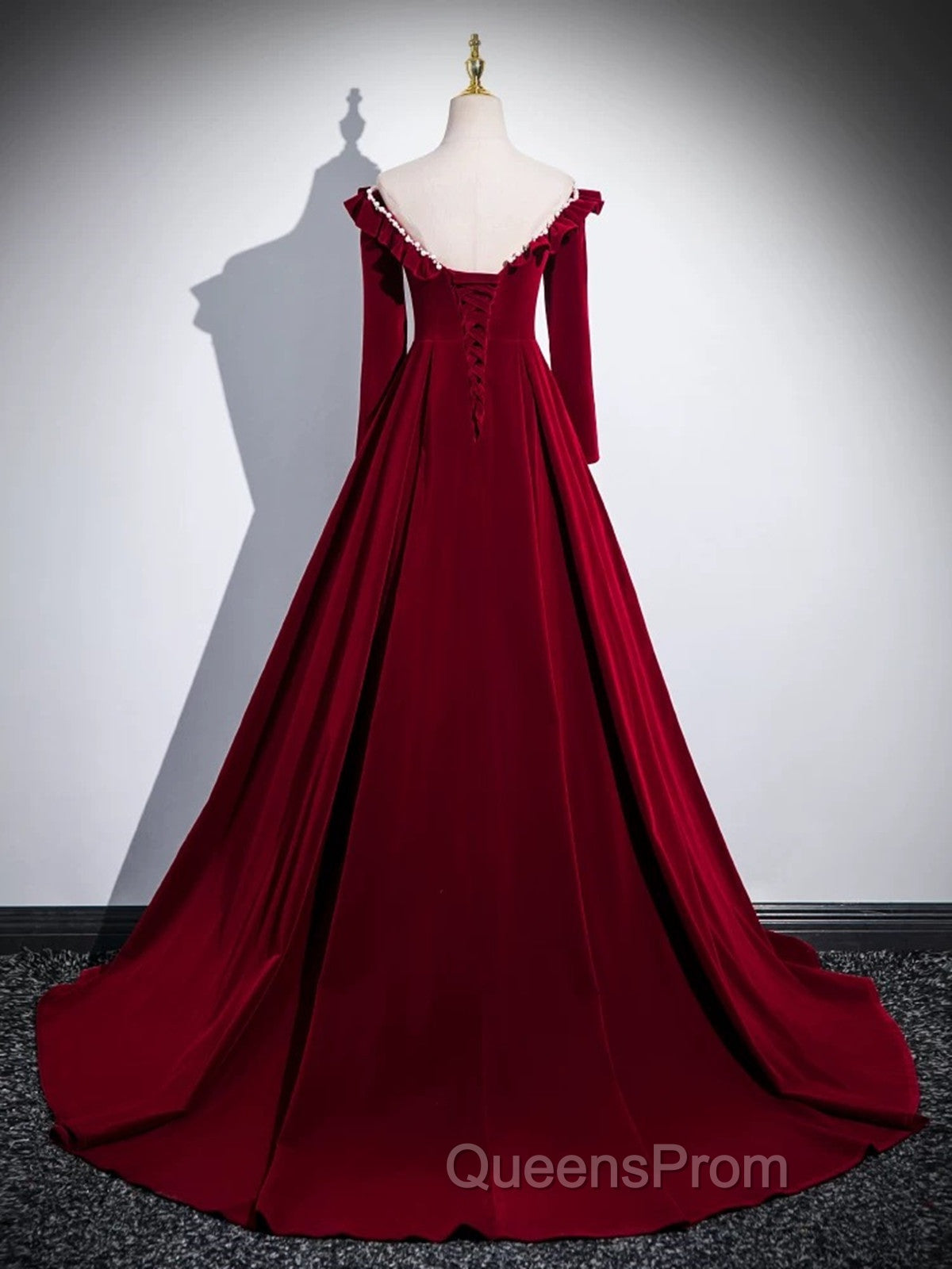 A-line Wine Red Velvet Long Sleeves Low Back Evening Prom Dress, Wine Red Party Dress