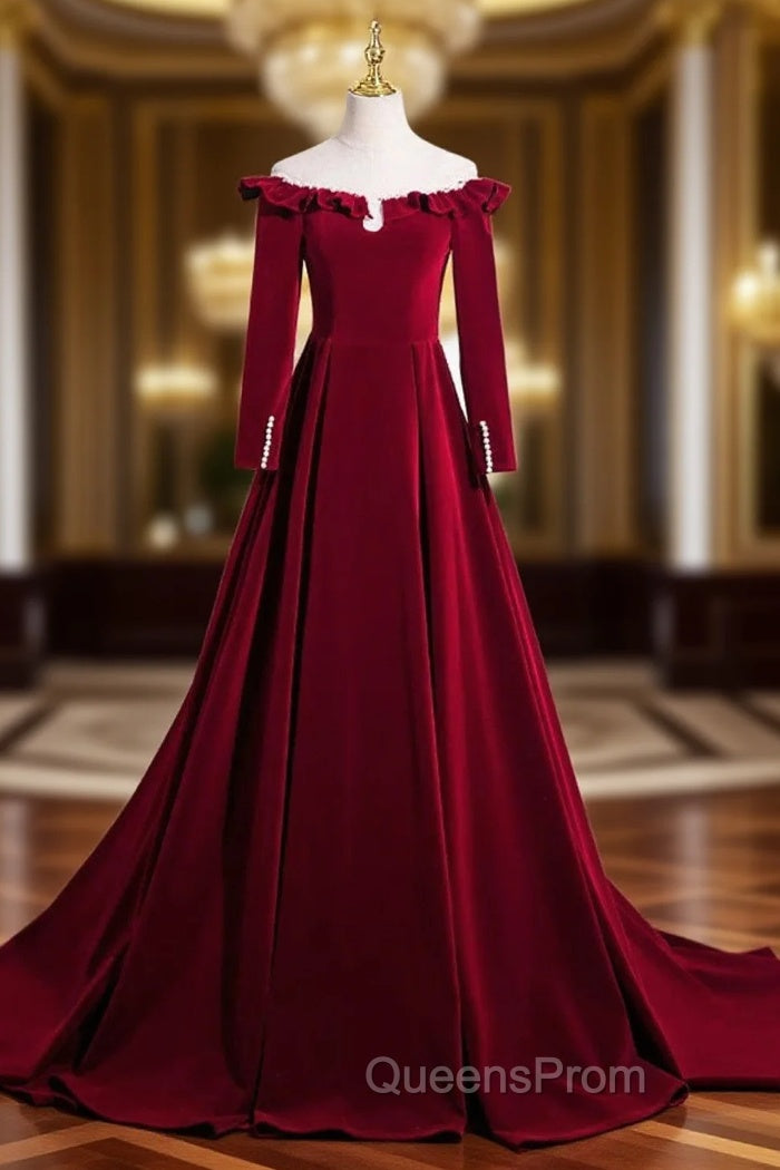 A-line Wine Red Velvet Long Sleeves Low Back Evening Prom Dress, Wine Red Party Dress Main image