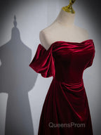 A-Line Wine Red Velvet Sweetheart Wedding Party Dress, Wine Red Velvet Evening Prom Dress