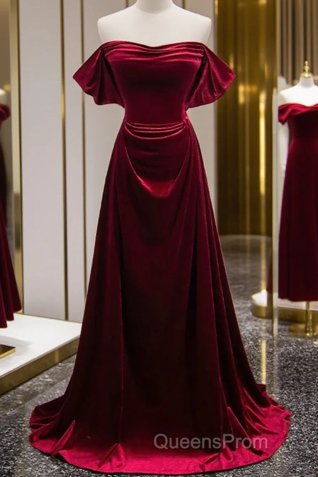 A-Line Wine Red Velvet Sweetheart Wedding Party Dress, Wine Red Velvet Evening Prom Dress Main image