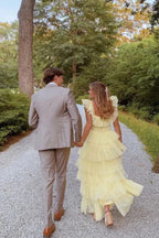 Yellow Fashion Square Neck A-Line Multi-Layered Long Tulle Ball Gown Evening Dress