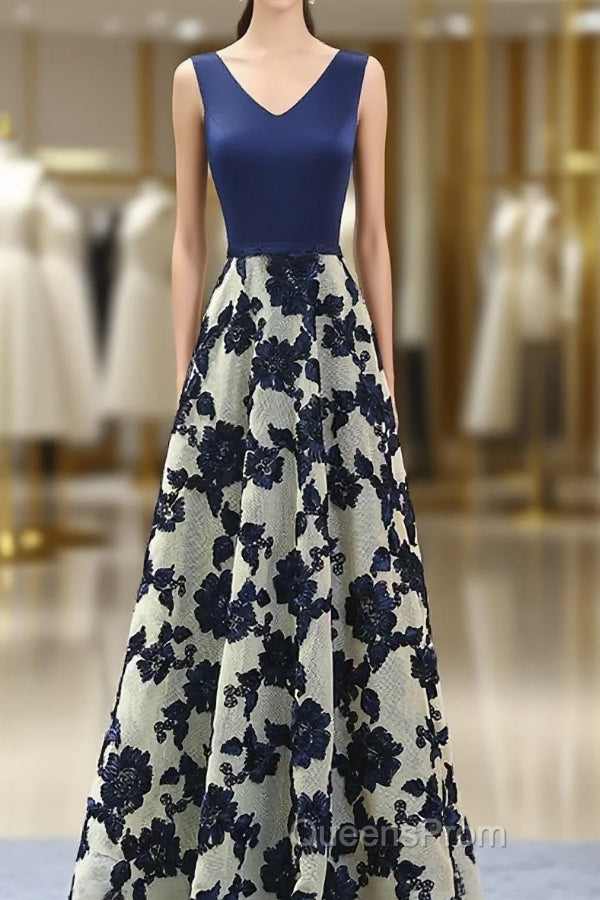 Stylish Dark Blue A Line V Neck Long Evening Prom Dress, Dark Blue Evening Dress Main image