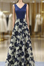 Stylish Dark Blue A Line V Neck Long Evening Prom Dress, Dark Blue Evening Dress