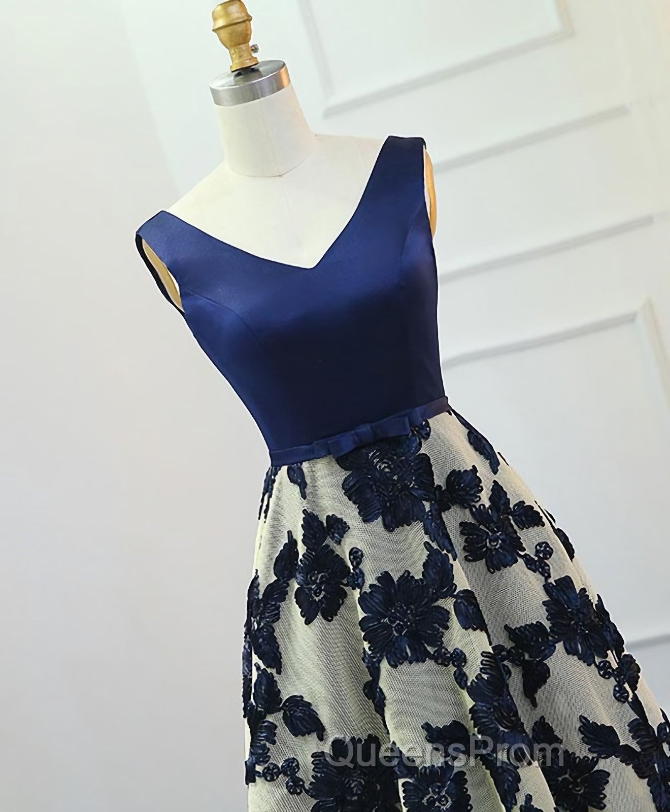 Stylish Dark Blue A Line V Neck Long Evening Prom Dress, Dark Blue Evening Dress