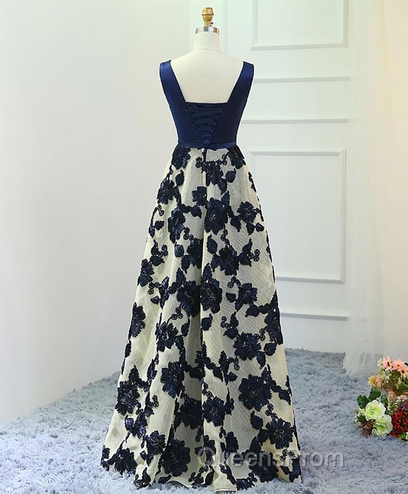 Stylish Dark Blue A Line V Neck Long Evening Prom Dress, Dark Blue Evening Dress