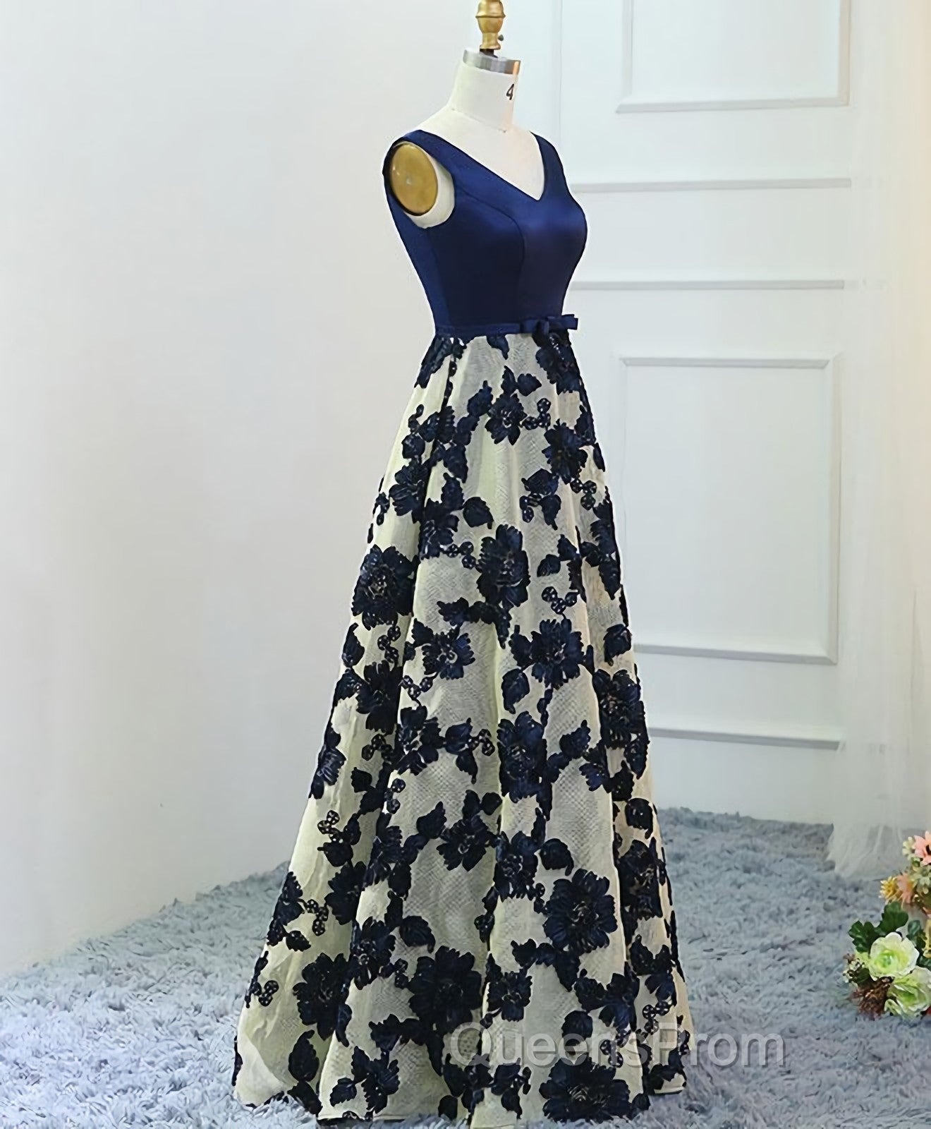 Stylish Dark Blue A Line V Neck Long Evening Prom Dress, Dark Blue Evening Dress
