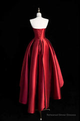 Burgundy Strapless Satin Party Dress, A-Line High Low Evening Dress