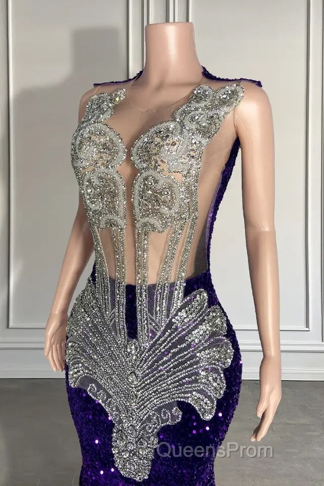 Sequined Sleeveless Mermaid Evening Prom Dress with Beadings