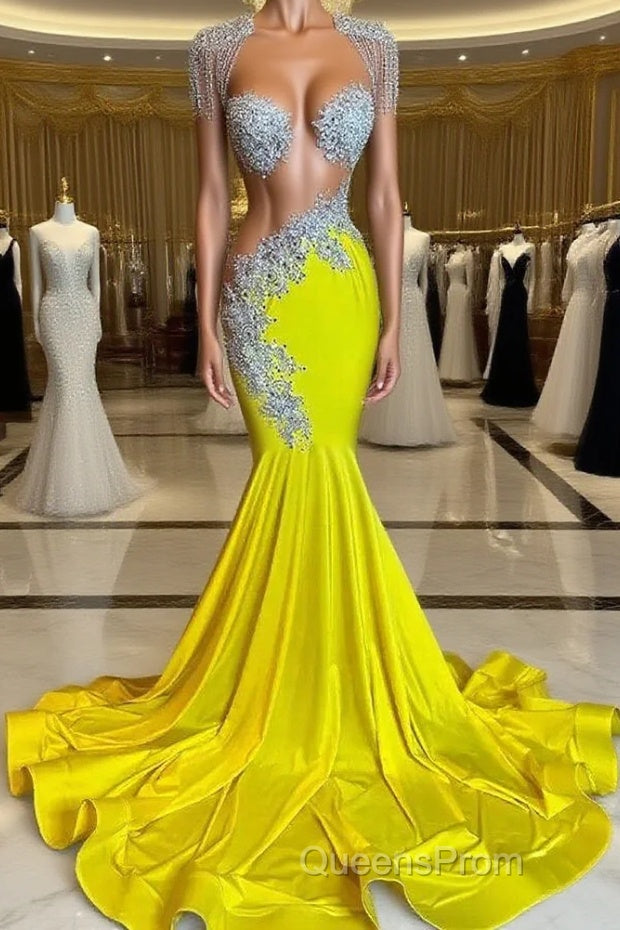 Yellow Scoop Evening Prom Dress with Beadings and Tassels - Mermaid Long Main image