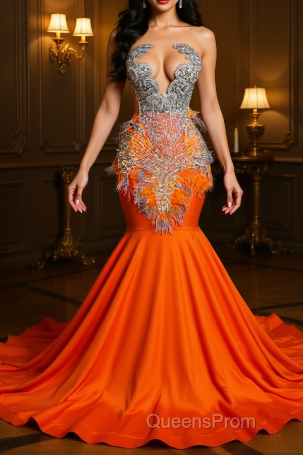 Orange Sleeveless Illusion Mermaid Evening Prom Dress With Beadings and Feather Main image