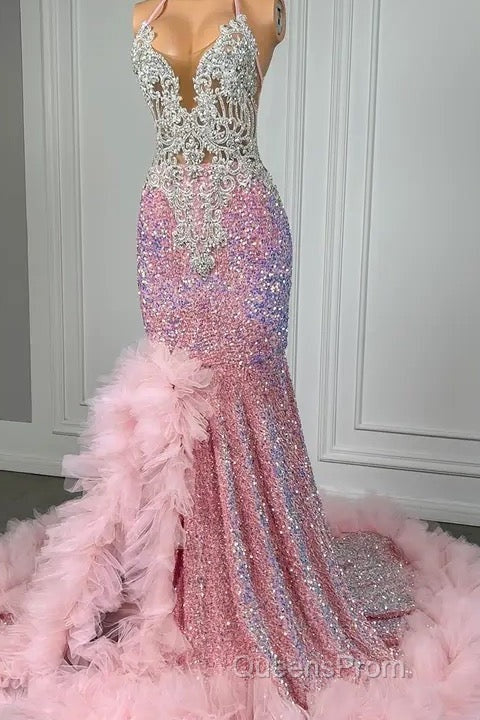 Pink Halter Mermaid Evening Prom Dress with Sequins Beadings and Tulle Ruffle Secondary image