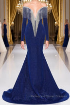 Deep V-neck Shiny Royal Blue Long sleeves Mermaid Semi Formal Prom Dresses