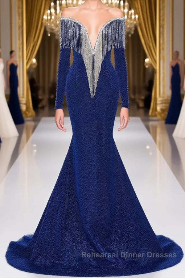 Deep V-neck Shiny Royal Blue Long sleeves Mermaid Semi Formal Prom Dresses