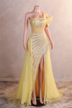 One-Shoulder Beading Sweep Train Backless Evening Dresses