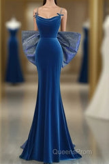 Simple Velvet Blue Mermaid Long Evening Prom Dress, Backless Velvet Blue Evening Dress
