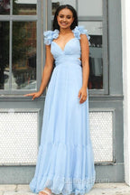 Lace-Up Fuchsia V-Neck Ruffle Pleated Long Evening Prom Dress