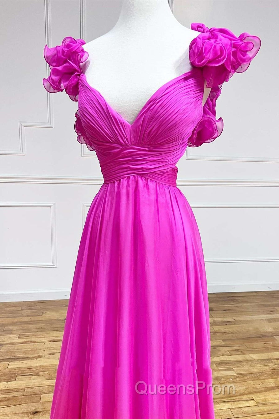 Lace-Up Fuchsia V-Neck Ruffle Pleated Long Evening Prom Dress Secondary image