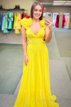 Lace-Up Fuchsia V-Neck Ruffle Pleated Long Evening Prom Dress