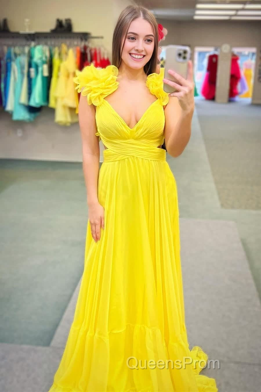 Lace-Up Fuchsia V-Neck Ruffle Pleated Long Evening Prom Dress