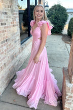 Lace-Up Fuchsia V-Neck Ruffle Pleated Long Evening Prom Dress