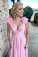 Lace-Up Fuchsia V-Neck Ruffle Pleated Long Evening Prom Dress