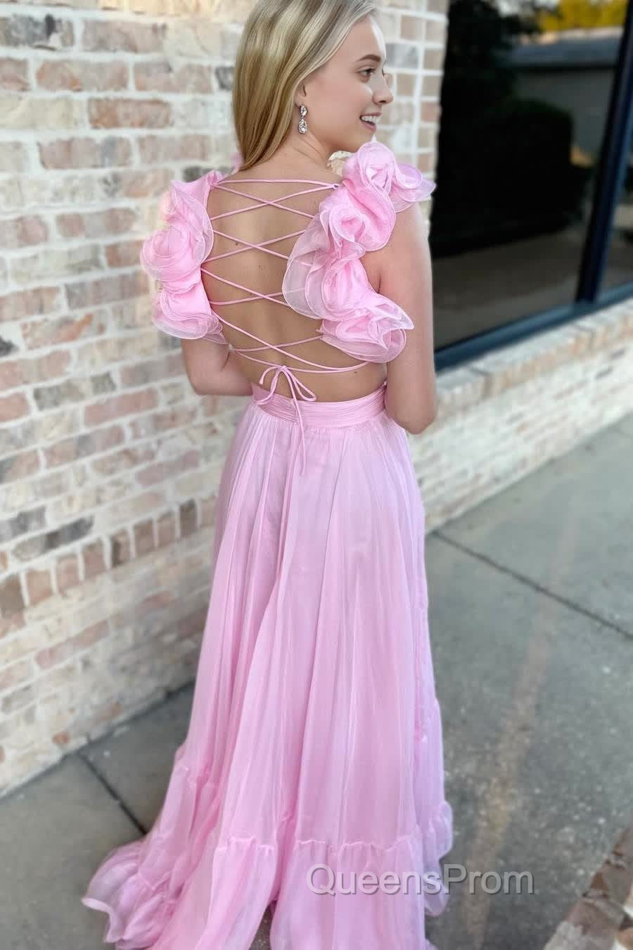 Lace-Up Fuchsia V-Neck Ruffle Pleated Long Evening Prom Dress