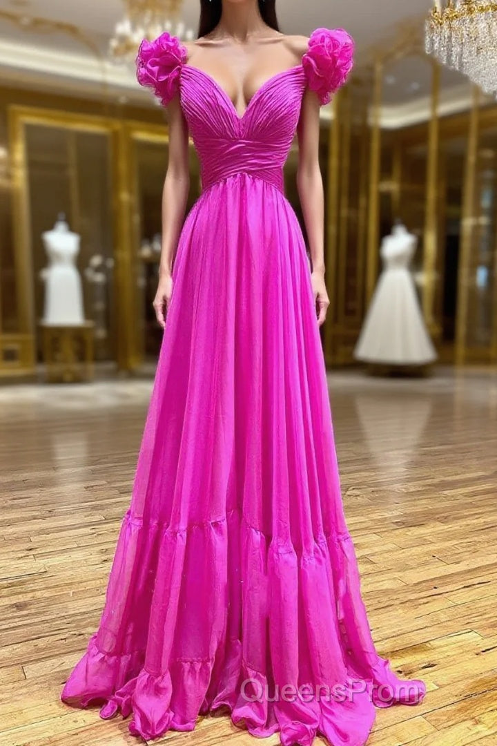 Lace-Up Fuchsia V-Neck Ruffle Pleated Long Evening Prom Dress Main image