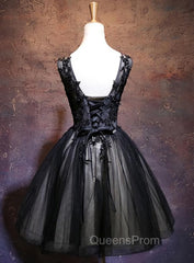 Adorable Black V-neckline Lace and Tulle Party Dress, Short Evening Prom Dress