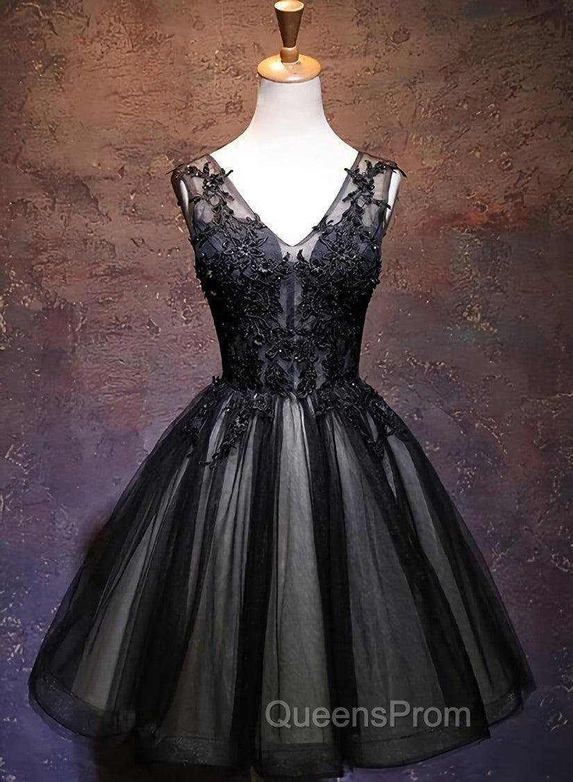Adorable Black V-neckline Lace and Tulle Party Dress, Short Evening Prom Dress Main image