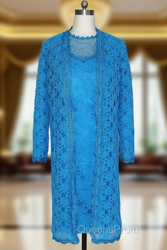 Adorable Blue Lace Knee Length Mother of the Bride Dress Sheer with 3/4 Sleeves Long Jacket Main image