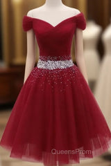 Adorable Dark Red Homecoming Dress , Tulle Off the Shoulder Party Dress