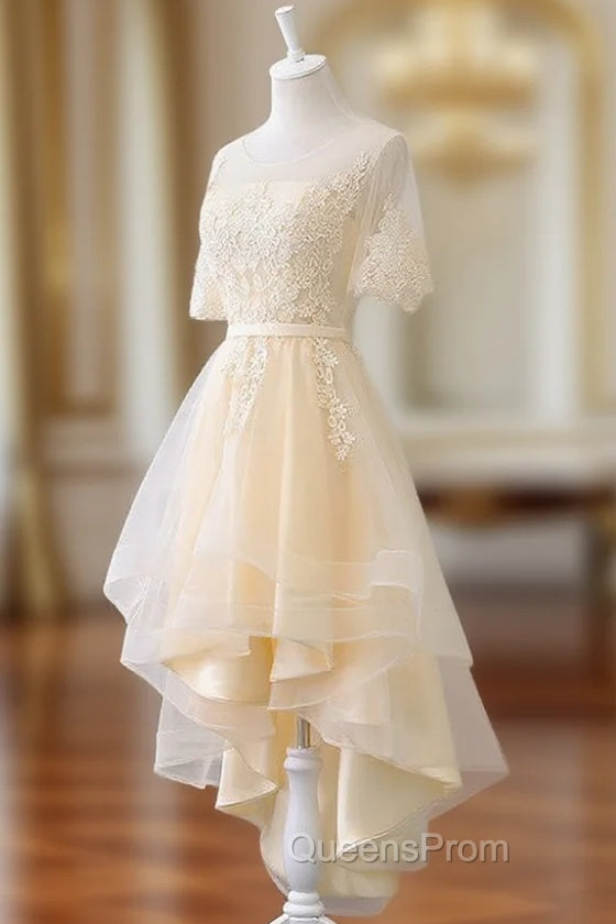 Adorable Light Champagne High Low Party Dress with Lace Applique, Short Homecoming Dress Main image