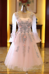 Adorable Pink Tulle Knee Length Long Sleeves Party Dress, Pink Homecoming Dress