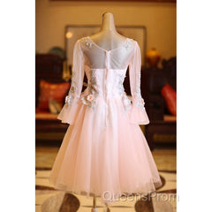 Adorable Pink Tulle Knee Length Long Sleeves Party Dress, Pink Homecoming Dress