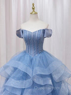 Adult Dress A-Line Blue Sheer Long Ball Dress Blue Sweet Dress Off Shoulder Evening Prom Dress