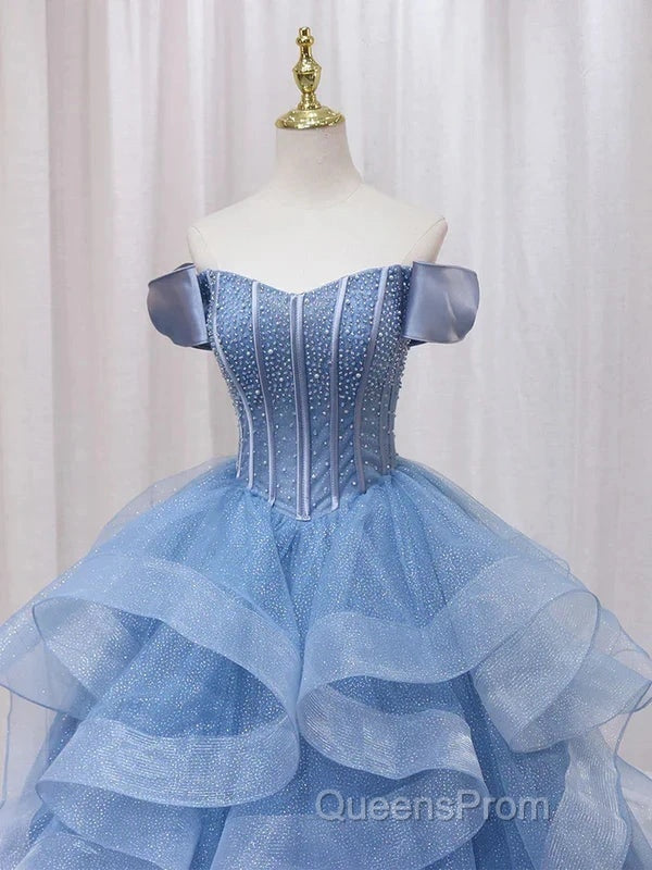 Adult Dress A-Line Blue Sheer Long Ball Dress Blue Sweet Dress Off Shoulder Evening Prom Dress