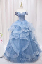 Adult Dress A-Line Blue Sheer Long Ball Dress Blue Sweet Dress Off Shoulder Evening Prom Dress