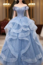 Adult Dress A-Line Blue Sheer Long Ball Dress Blue Sweet Dress Off Shoulder Evening Prom Dress