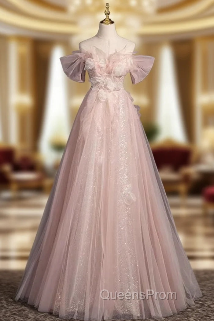 Advanced Pink Tulle Sequins Off the Shoulder Evening Prom Dress