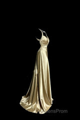 Aesthetic A Line Halter Neckline Champagne Satin Evening Prom Dress Ruffle Long Party Dress