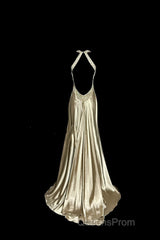 Aesthetic A Line Halter Neckline Champagne Satin Evening Prom Dress Ruffle Long Party Dress