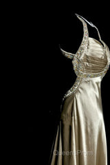 Aesthetic A Line Halter Neckline Champagne Satin Evening Prom Dress Ruffle Long Party Dress