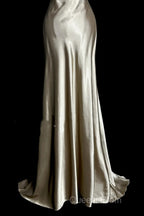 Aesthetic A Line Halter Neckline Champagne Satin Evening Prom Dress Ruffle Long Party Dress