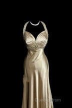 Aesthetic A Line Halter Neckline Champagne Satin Evening Prom Dress Ruffle Long Party Dress