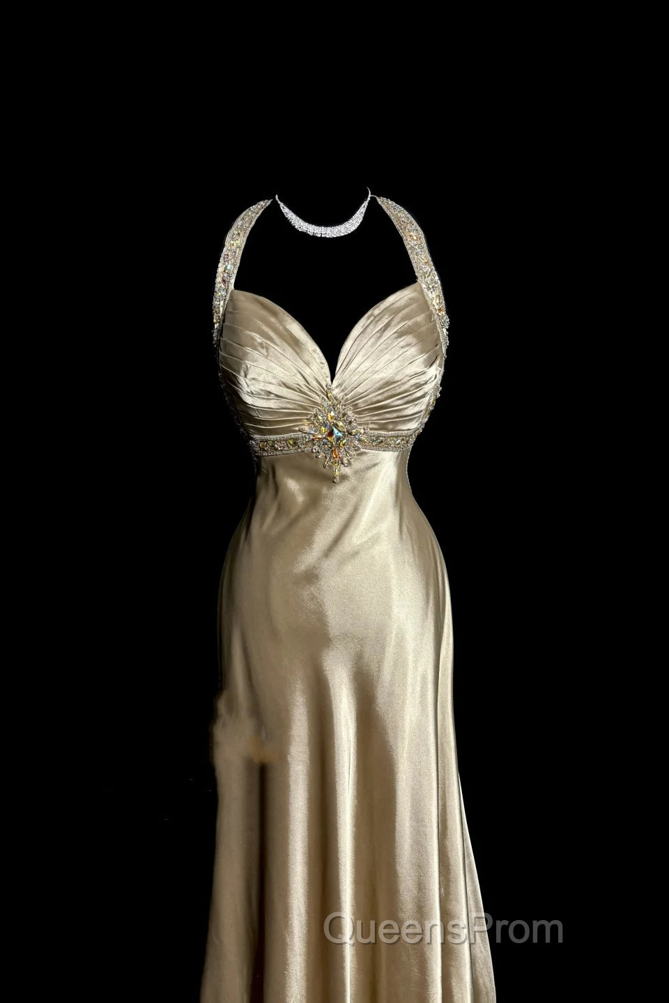 Aesthetic A Line Halter Neckline Champagne Satin Evening Prom Dress Ruffle Long Party Dress