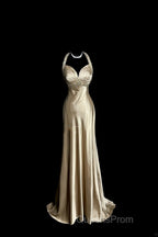 Aesthetic A Line Halter Neckline Champagne Satin Evening Prom Dress Ruffle Long Party Dress