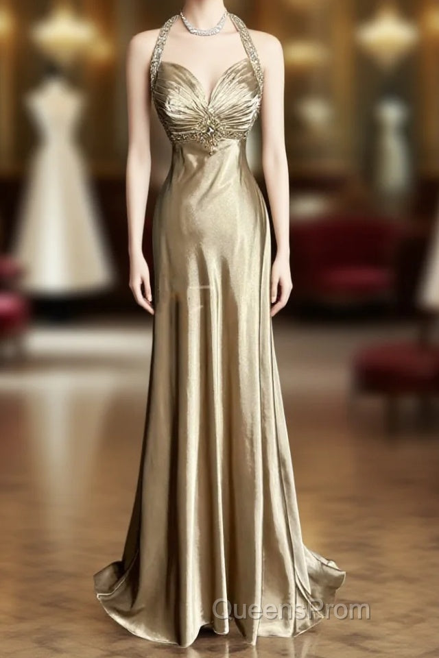Aesthetic A Line Halter Neckline Champagne Satin Evening Prom Dress Ruffle Long Party Dress