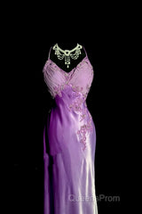 Aesthetic A Line Halter Neckline Lilac Satin Evening Prom Dress Ruffle Long Party Dress