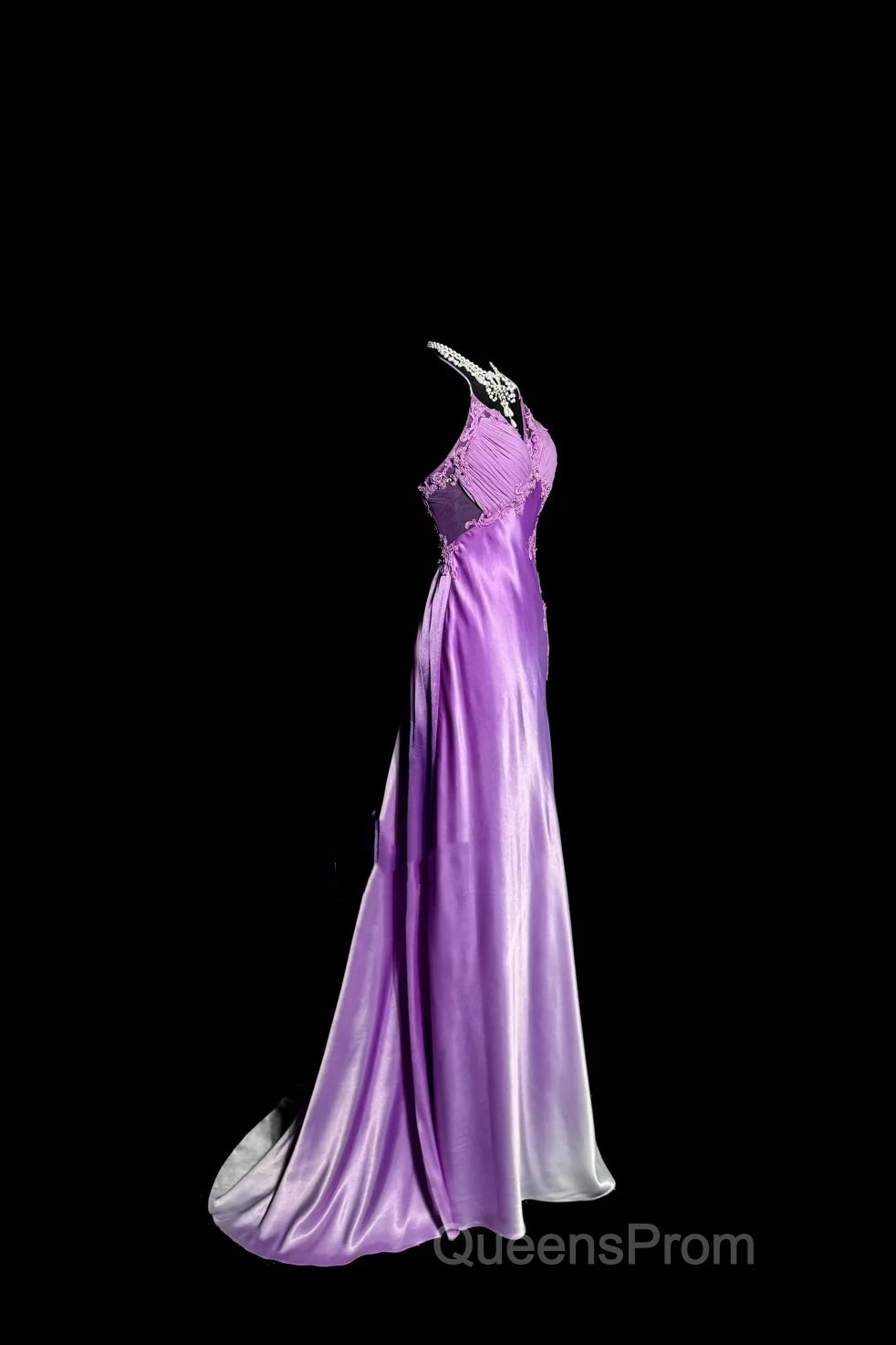 Aesthetic A Line Halter Neckline Lilac Satin Evening Prom Dress Ruffle Long Party Dress