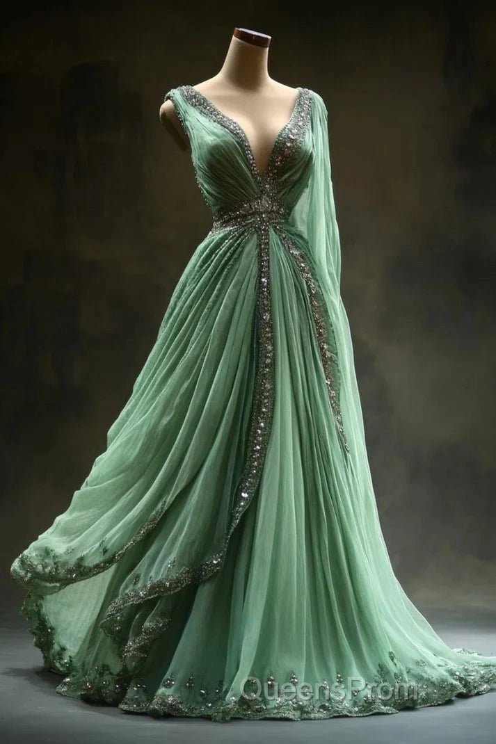 Aesthetic A-Line V Neckline Green Tulle Long Evening Prom Dress Sweet Beaded Evening Dress